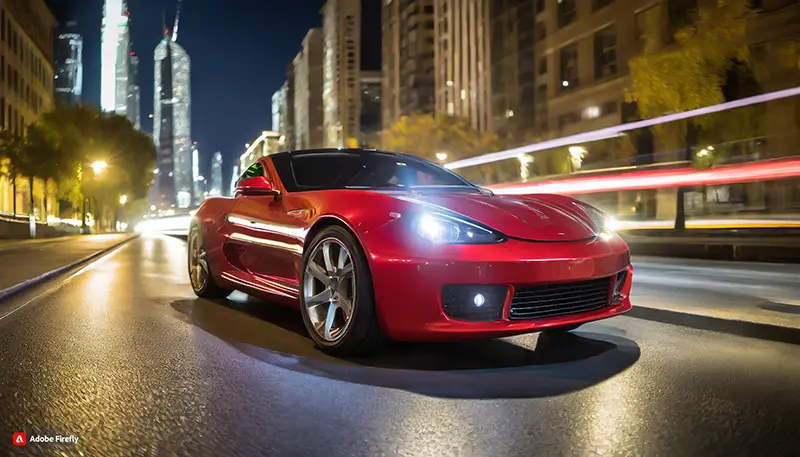 Prompt en Adobe Firefly: fotografía inclinada de un auto rojo deportivo por las calles de la ciudad por la noche.