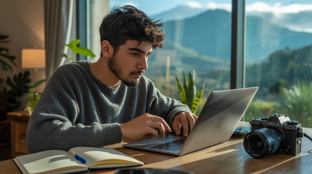 Imagen generada con Ideogram: Fotografía de una o un joven creador de contenidos, de unos 25 años, sentado en su escritorio mientras trabaja concentrado en la edición de un video en su computadora portátil.