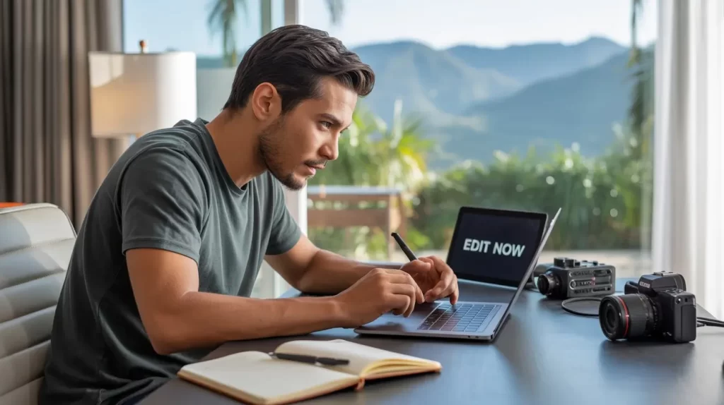 Imagen generada con Ideogram: Fotografía de una o un joven creador de contenidos, de unos 25 años, sentado en su escritorio mientras trabaja concentrado en la edición de un video en su computadora portátil.