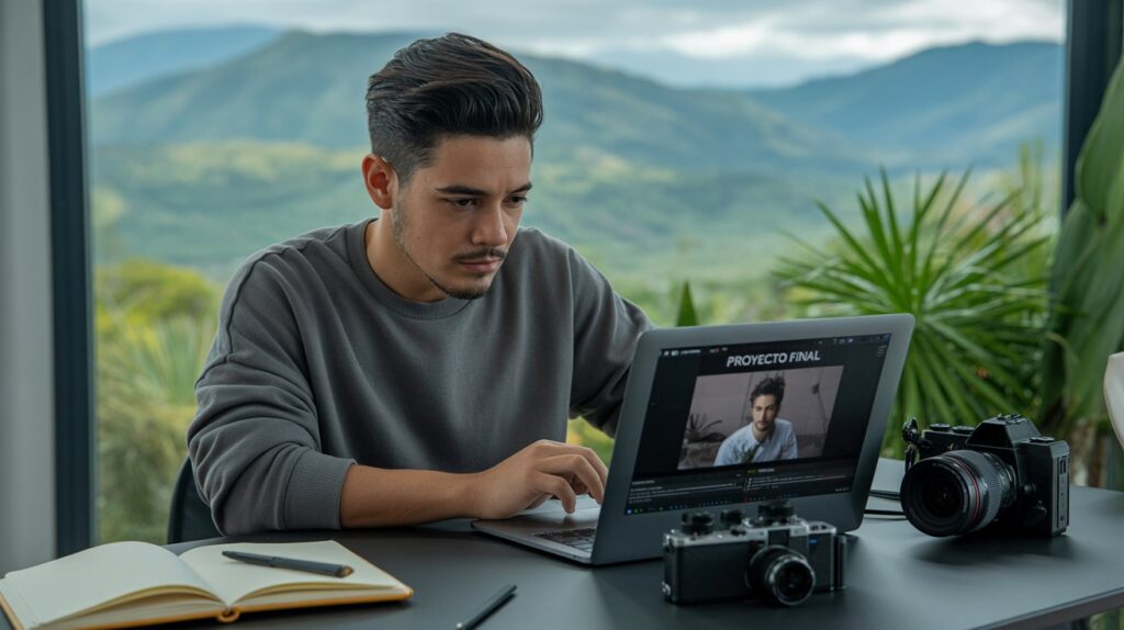 Imagen generada con Ideogram: Fotografía de una o un joven creador de contenidos, de unos 25 años, sentado en su escritorio mientras trabaja concentrado en la edición de un video en su computadora portátil.