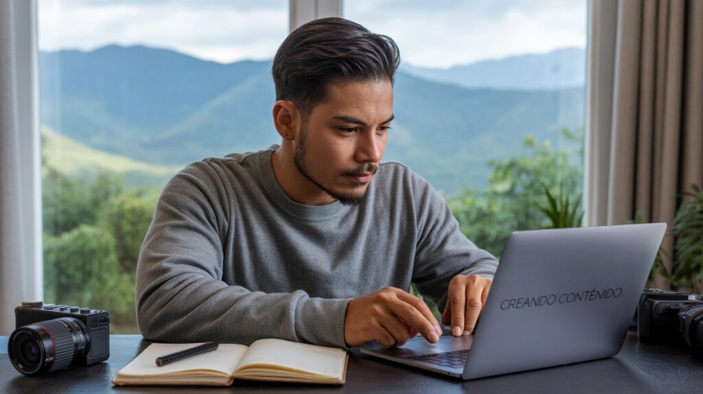 Imagen generada con Ideogram: Fotografía de una o un joven creador de contenidos, de unos 25 años, sentado en su escritorio mientras trabaja concentrado en la edición de un video en su computadora portátil.