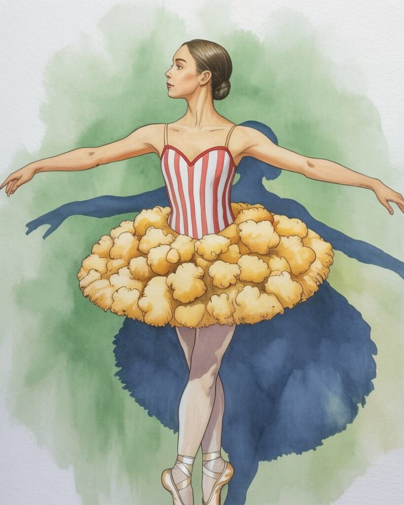Una bailarina en pose elegante, en un fondo blanco minimalista, con un atuendo inspirado en una caja de palomitas de cine.