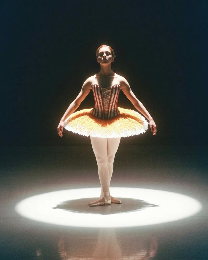 Una bailarina en pose elegante, en un fondo blanco minimalista, con un atuendo inspirado en una caja de palomitas de cine.