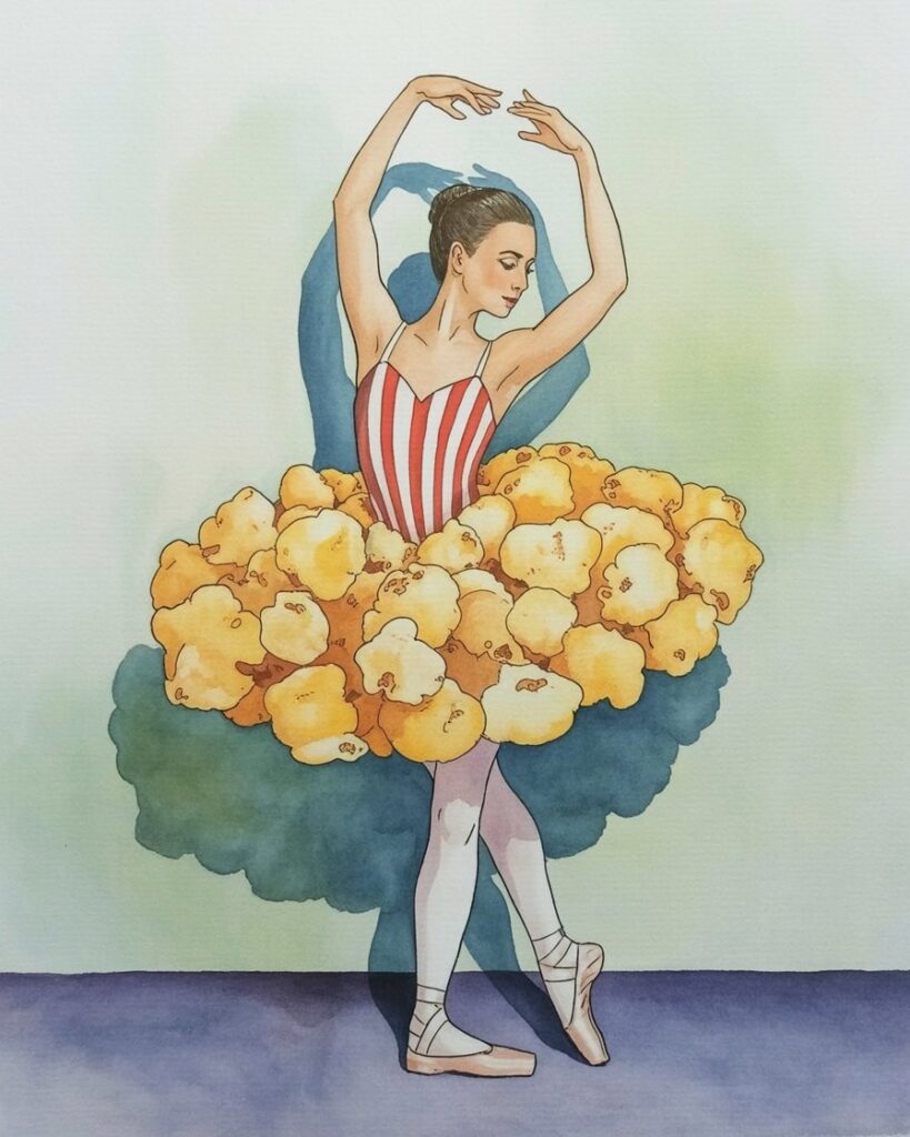 Una bailarina en pose elegante, en un fondo blanco minimalista, con un atuendo inspirado en una caja de palomitas de cine.