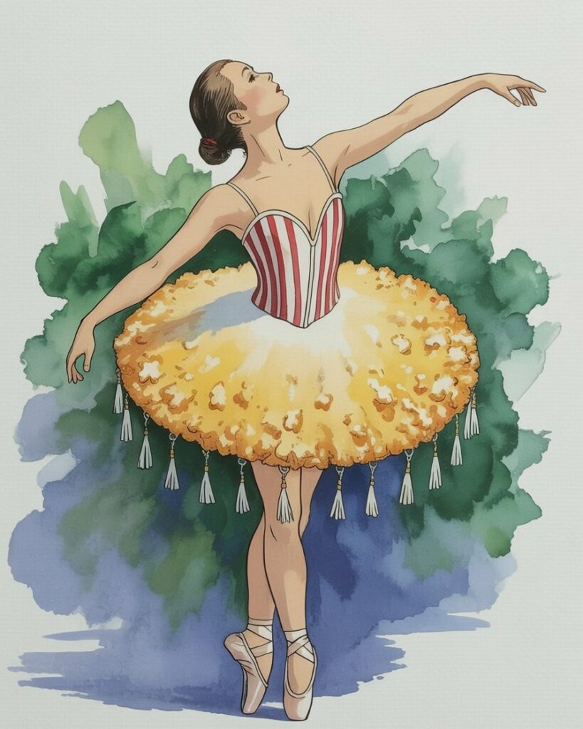 Una bailarina en pose elegante, en un fondo blanco minimalista, con un atuendo inspirado en una caja de palomitas de cine.