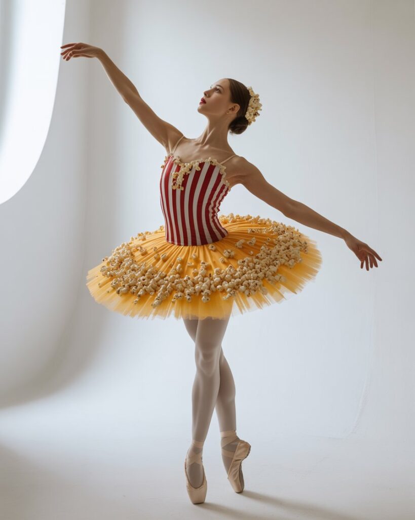 Una bailarina en pose elegante, en un fondo blanco minimalista, con un atuendo inspirado en una caja de palomitas de cine.