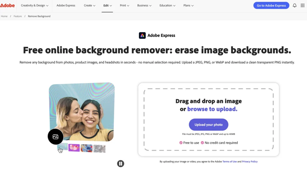 Imagen: Interfaz de Adobe Remover Background para la eliminar el fondo de una imagen.