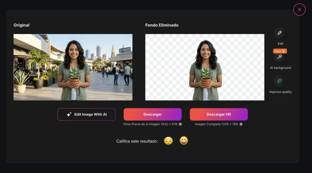 Imagen: Interfaz del sitio web Erasa.bg para la eliminación de fondo de una imagen.